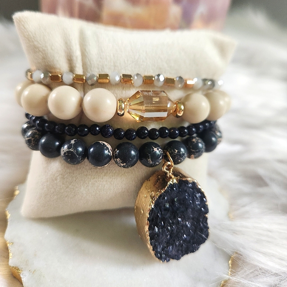 NWT Ryze Natural Stone Druzy and Cream Beaded Staxx Bracelets - Set of 4